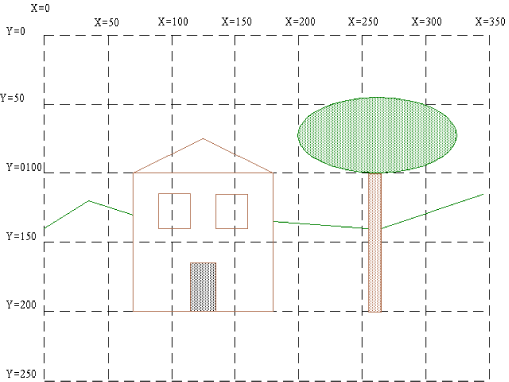 house and a tree with grid lines