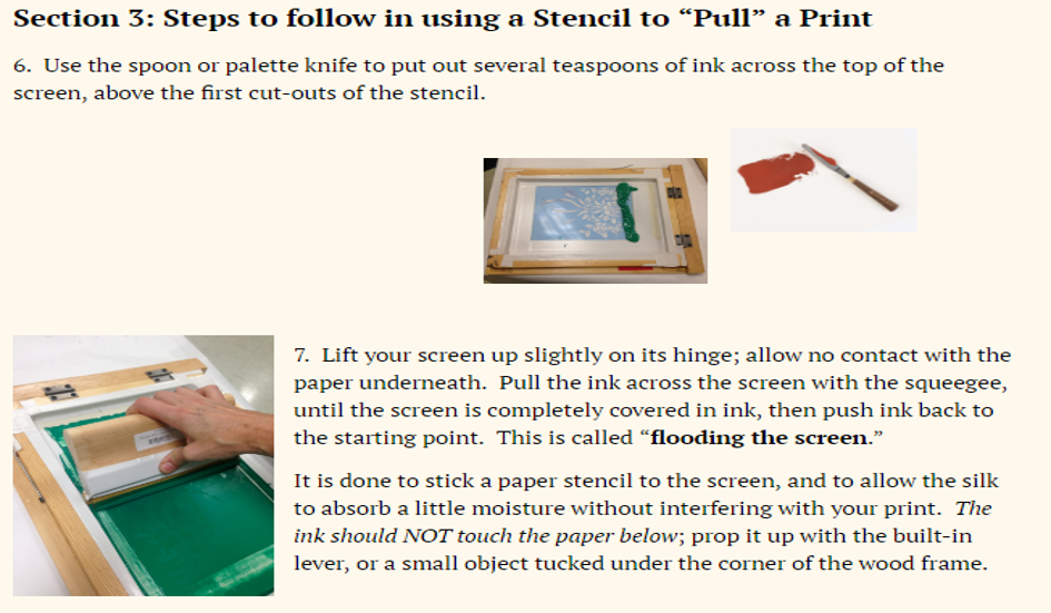 Flooding a silkscreen and pulling a print with a squeegee